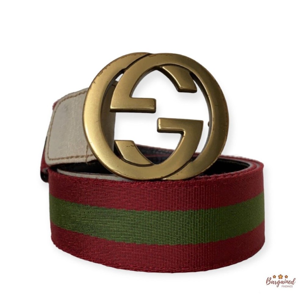 Authentic Gucci Red/Green Web Leather Gold Interlocking G Buckle Belt 85/34